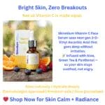 Radiant, glowing skin with a bottle of Skinetium Vitamin C Face Serum 15%, surrounded by icons showcasing brighter complexion, reduced dark spots, and improved firmness.