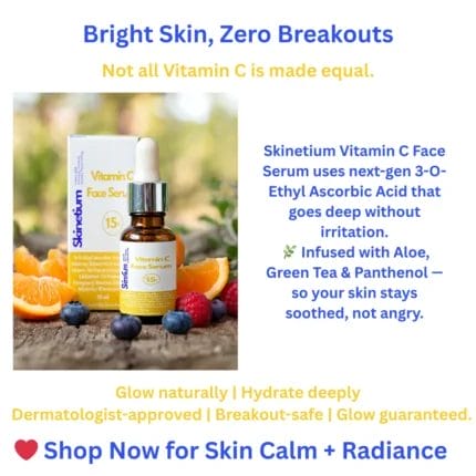 Radiant, glowing skin with a bottle of Skinetium Vitamin C Face Serum 15%, surrounded by icons showcasing brighter complexion, reduced dark spots, and improved firmness.