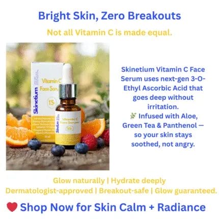 Radiant, glowing skin with a bottle of Skinetium Vitamin C Face Serum 15%, surrounded by icons showcasing brighter complexion, reduced dark spots, and improved firmness.