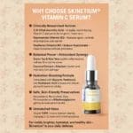 Radiant skin with a bottle of Skinetium Vitamin C Face Serum 15%, surrounded by icons representing brightening, anti-aging, and antioxidant protection.