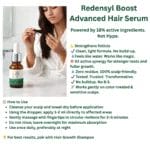 Person applying Redensyl Boost Advanced Hair Serum to scalp with a dropper, focusing on thinning areas.