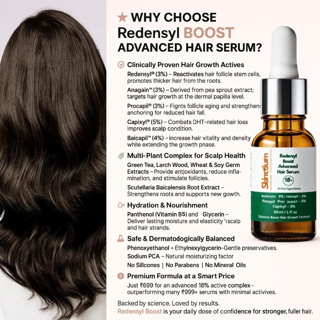 Why Choose Redensyl Boost Advanced Hair Serum Vibrant, healthy hair alongside a bottle of Redensyl Boost Advanced Hair Serum, with icons highlighting hair growth, reduced hair fall, and scalp health.