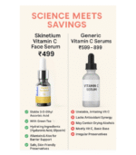 Side-by-side comparison of Skinetium Vitamin C Face Serum 15% bottle and a generic hair serum bottle, with a split background showcasing scientific precision versus marketing hype.