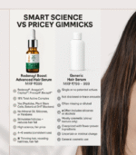 Side-by-side comparison of Redensyl Boost Advanced Hair Serum bottle and a generic hair serum bottle, with a split background highlighting scientific innovation versus marketing hype.