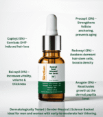 Close-up of healthy, voluminous hair with a bottle of Redensyl Boost Advanced Hair Serum, symbolizing hair growth and strength.