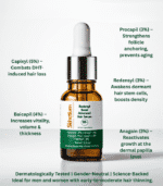 Close-up of healthy, voluminous hair with a bottle of Redensyl Boost Advanced Hair Serum, symbolizing hair growth and strength.